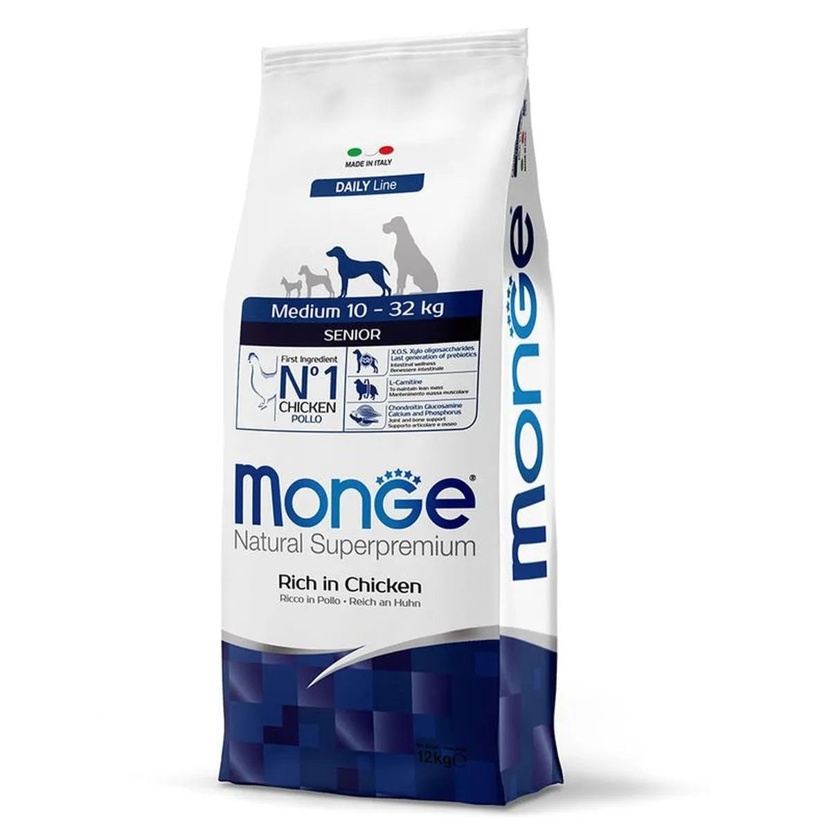 Monge crocchette cane senior taglia media 12kg al pollo in sacco bianco con grafica blu e loghi visibili Monge crocchette cane senior taglia media 12kg al pollo in sacco bianco con grafica blu e loghi visibili